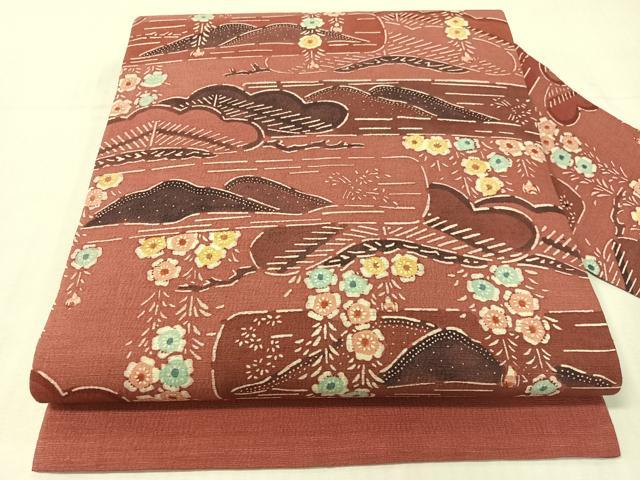 平和屋着物●九寸名古屋帯　紬地　型染め　重ね山花松文　正絹　逸品　CABH4601vp
