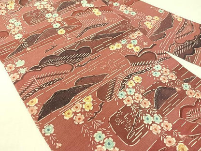 平和屋着物●九寸名古屋帯　紬地　型染め　重ね山花松文　正絹　逸品　CABH4601vp