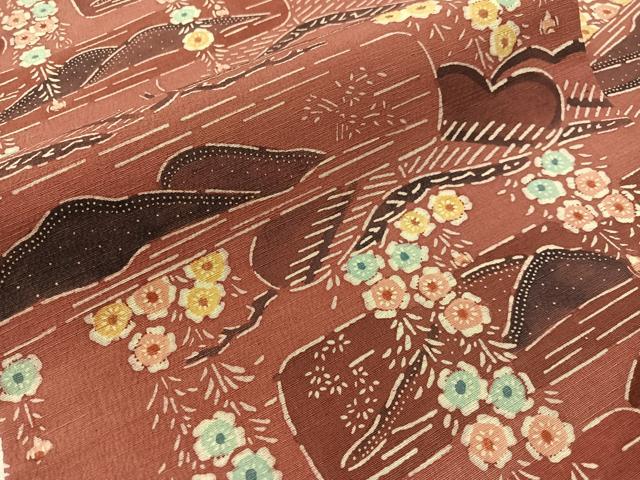平和屋着物●九寸名古屋帯　紬地　型染め　重ね山花松文　正絹　逸品　CABH4601vp