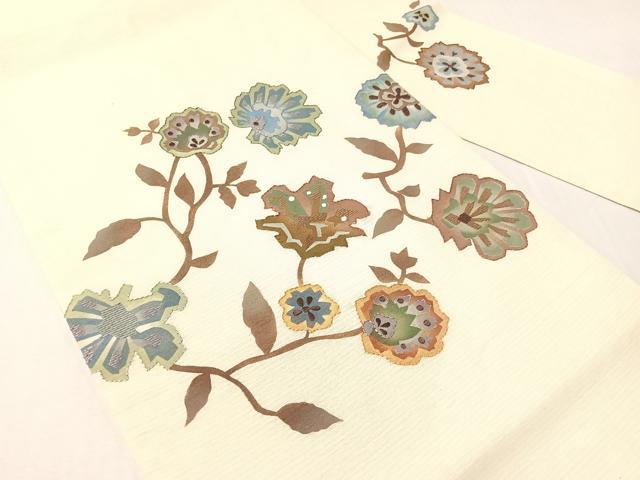 平和屋着物●九寸名古屋帯　紬地　刺繍　更紗花文　正絹　逸品　CABH4602vp