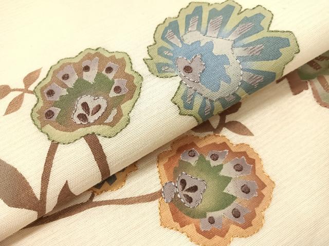 平和屋着物●九寸名古屋帯　紬地　刺繍　更紗花文　正絹　逸品　CABH4602vp