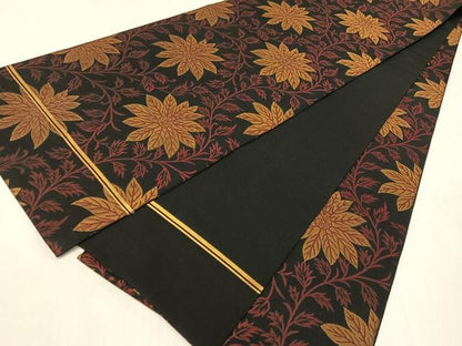 平和屋着物●織物一筋名門　織悦　全通柄　本袋帯　草花文　黒地　正絹　逸品　CABH4607vp