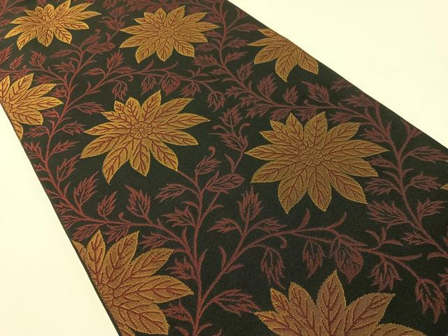 平和屋着物●織物一筋名門　織悦　全通柄　本袋帯　草花文　黒地　正絹　逸品　CABH4607vp