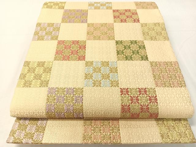 平和屋着物●六通柄袋帯　唐織　有職市松文　金糸　正絹　逸品　CABH4610vp