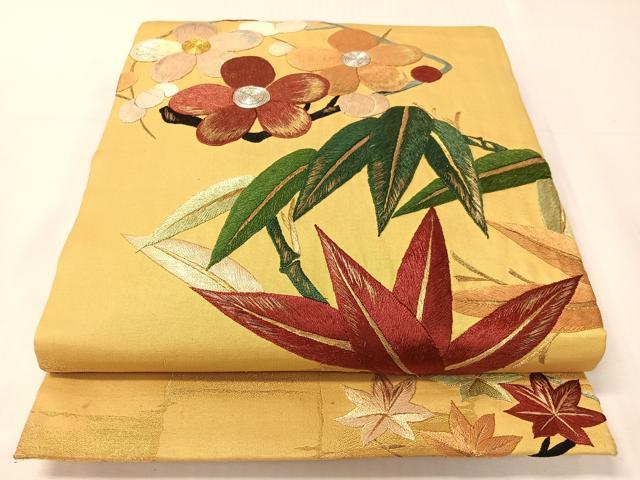 平和屋着物●アンティーク　大正ロマン　太鼓柄京袋帯　総刺繍　手刺繍　駒刺繍　梅笹菱文　金銀糸　正絹　逸品　CABH4616vp