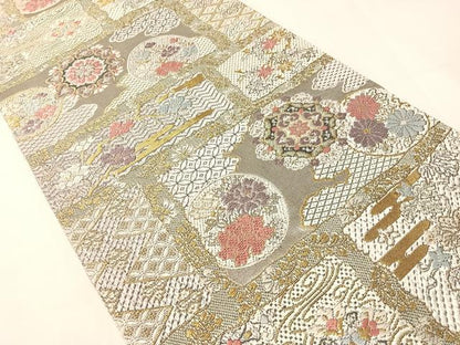 平和屋着物●全通柄袋帯　唐織　吉祥花文　金銀糸　正絹　逸品　CABH4622vp