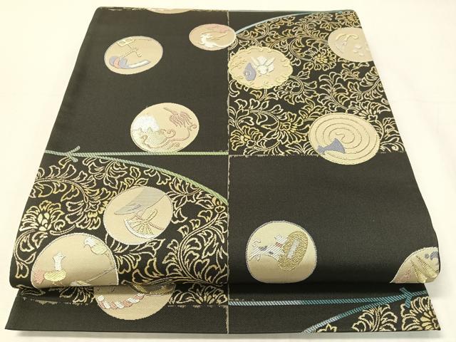 平和屋着物●六通柄袋帯　市松動物吉祥丸文　金銀糸　正絹　逸品　CABH4623vp