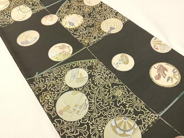 平和屋着物●六通柄袋帯　市松動物吉祥丸文　金銀糸　正絹　逸品　CABH4623vp