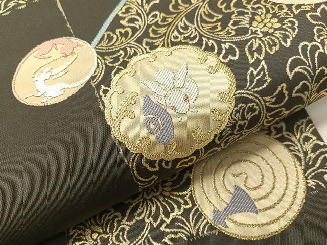 平和屋着物●六通柄袋帯　市松動物吉祥丸文　金銀糸　正絹　逸品　CABH4623vp