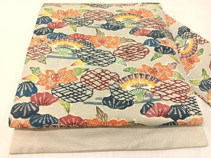 平和屋着物●九寸名古屋帯　型染め　雲取り扇面花文　正絹　逸品　CABH4626vp