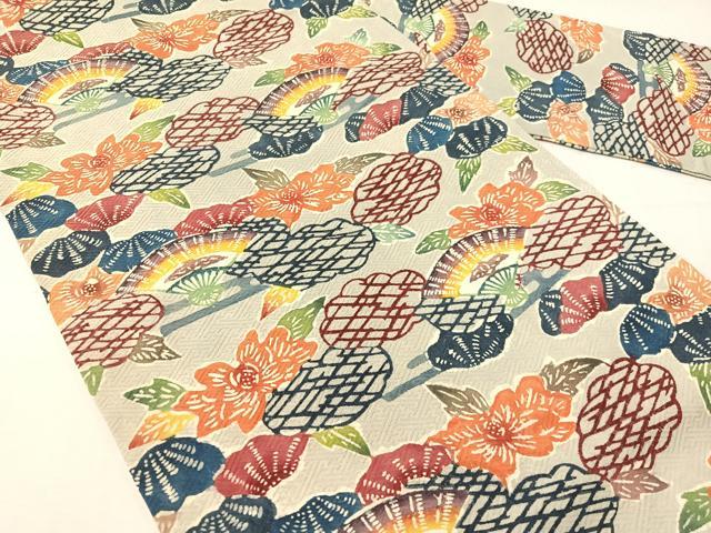 平和屋着物●九寸名古屋帯　型染め　雲取り扇面花文　正絹　逸品　CABH4626vp