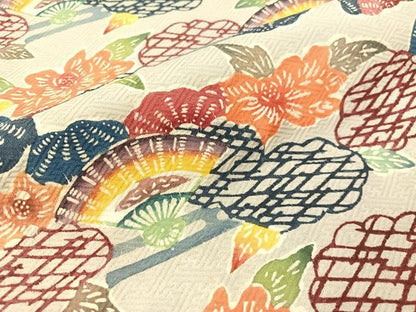 平和屋着物●九寸名古屋帯　型染め　雲取り扇面花文　正絹　逸品　CABH4626vp