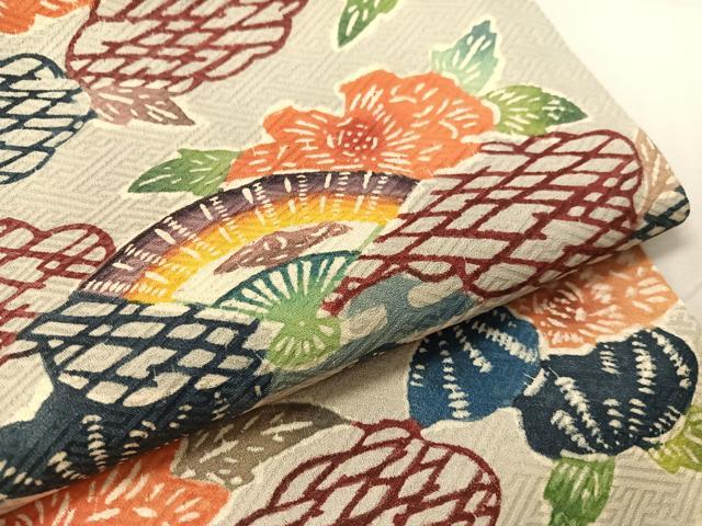 平和屋着物●九寸名古屋帯　型染め　雲取り扇面花文　正絹　逸品　CABH4626vp
