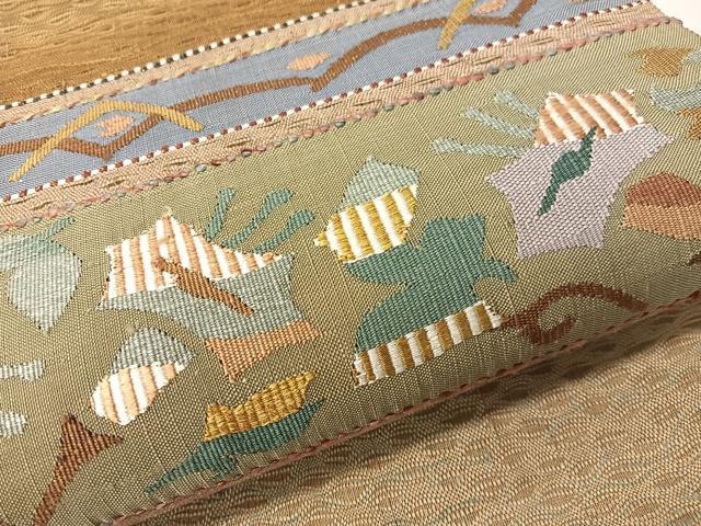 平和屋着物▽太鼓柄袋帯　スリーシーズン　春夏秋　すくい織　花唐草横段文　金糸　正絹　逸品　CABH4631vp