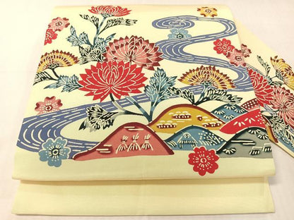 平和屋着物●塩瀬　九寸名古屋帯　型染め　流水花文　逸品　CABH4639vp