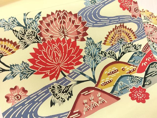 平和屋着物●塩瀬　九寸名古屋帯　型染め　流水花文　逸品　CABH4639vp