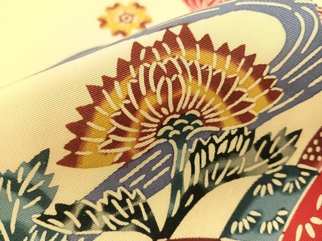 平和屋着物●塩瀬　九寸名古屋帯　型染め　流水花文　逸品　CABH4639vp