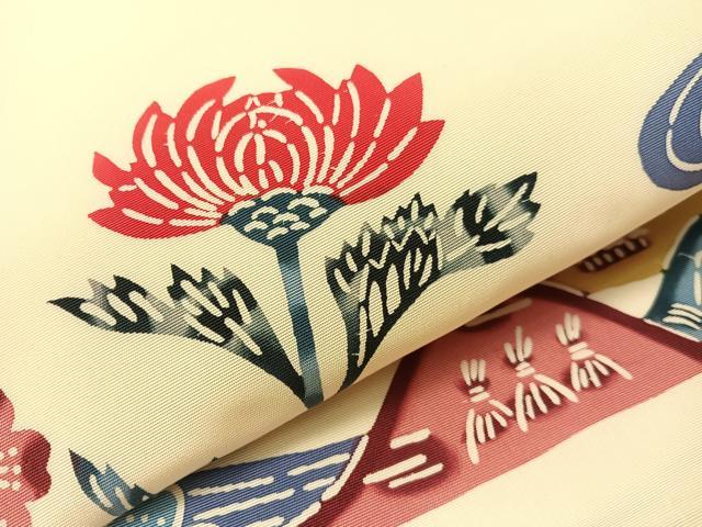 平和屋着物●塩瀬　九寸名古屋帯　型染め　流水花文　逸品　CABH4639vp