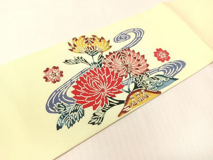 平和屋着物●塩瀬　九寸名古屋帯　型染め　流水花文　逸品　CABH4639vp