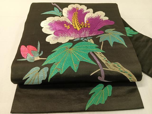 平和屋着物●アンティーク　大正ロマン　九寸名古屋帯　総刺繍　手刺繍　駒刺繍　枝花文　黒地　正絹　逸品　CABH4641vp