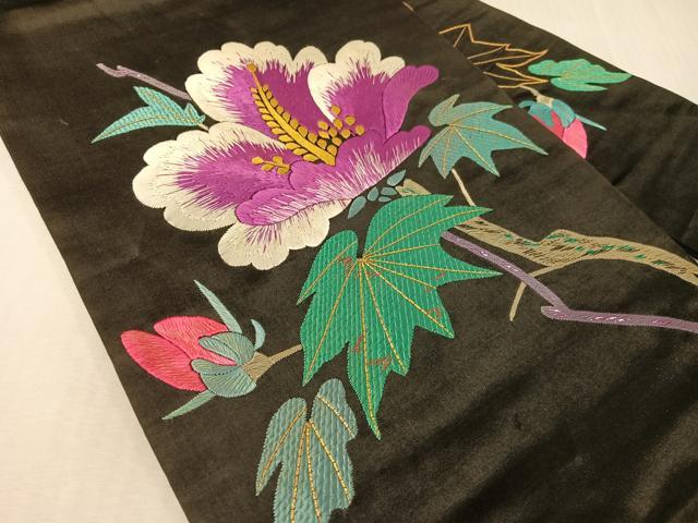 平和屋着物●アンティーク　大正ロマン　九寸名古屋帯　総刺繍　手刺繍　駒刺繍　枝花文　黒地　正絹　逸品　CABH4641vp