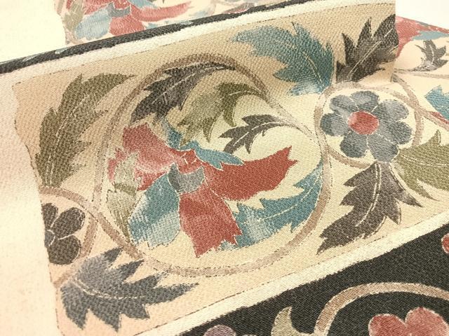 平和屋着物●全通柄　九寸名古屋帯　葡萄更紗唐草文　鬼しぼ縮緬　正絹　逸品　CABH4644vp