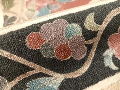 平和屋着物●全通柄　九寸名古屋帯　葡萄更紗唐草文　鬼しぼ縮緬　正絹　逸品　CABH4644vp