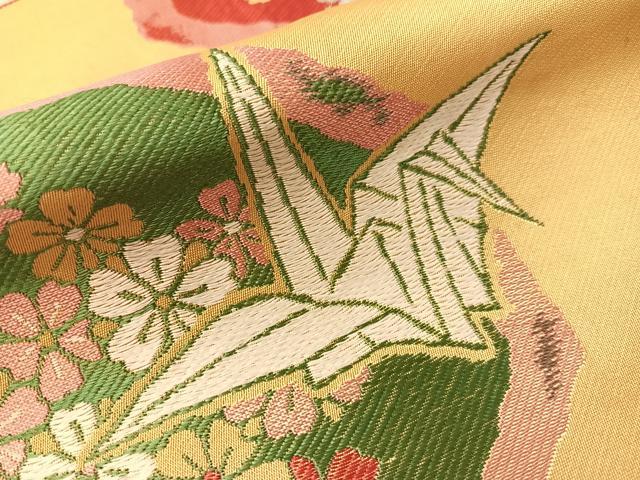 平和屋着物●アンティーク　大正ロマン　九寸名古屋帯　唐織　折り鶴　銀糸　正絹　逸品　CABH4689vp