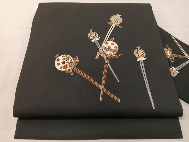 平和屋着物●塩瀬　九寸名古屋帯　駒刺繍　簪　黒地　金彩　ゑり善扱い　たとう紙付き　正絹　逸品　CABH4699vp