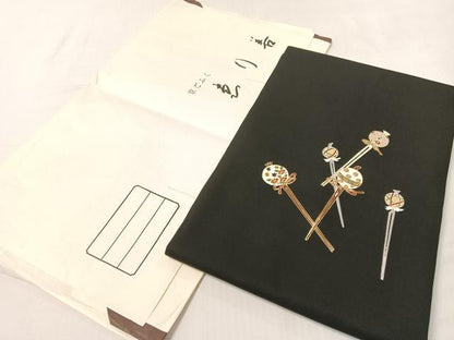 平和屋着物●塩瀬　九寸名古屋帯　駒刺繍　簪　黒地　金彩　ゑり善扱い　たとう紙付き　正絹　逸品　CABH4699vp