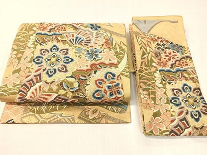 平和屋着物●西陣　白綾苑大庭　つけ帯　誰が袖花蝶文　金糸　正絹　逸品　CABH4711vp