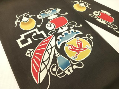 平和屋着物●塩瀬　九寸名古屋帯　型染め　宝尽くし　黒地　正絹　逸品　CABH4721vp