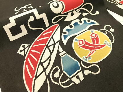 平和屋着物●塩瀬　九寸名古屋帯　型染め　宝尽くし　黒地　正絹　逸品　CABH4721vp
