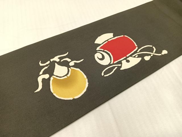平和屋着物●塩瀬　九寸名古屋帯　型染め　宝尽くし　黒地　正絹　逸品　CABH4721vp