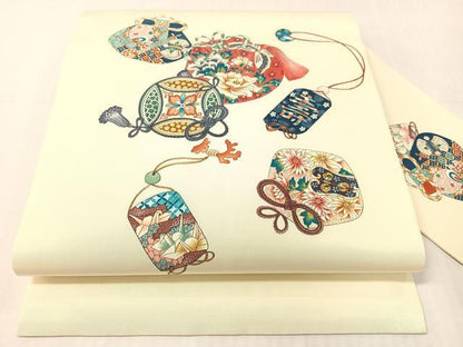 平和屋着物●塩瀬　九寸名古屋帯　作家物　手描き　仕覆吉祥花文　正絹　逸品　CABH4722vp