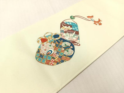 平和屋着物●塩瀬　九寸名古屋帯　作家物　手描き　仕覆吉祥花文　正絹　逸品　CABH4722vp