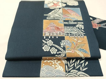 平和屋着物●九寸名古屋帯　作家物　一珍染　市松花鳥文　正絹　逸品　CABH4724vp