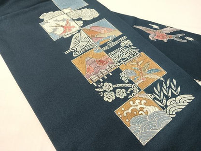平和屋着物●九寸名古屋帯　作家物　一珍染　市松花鳥文　正絹　逸品　CABH4724vp