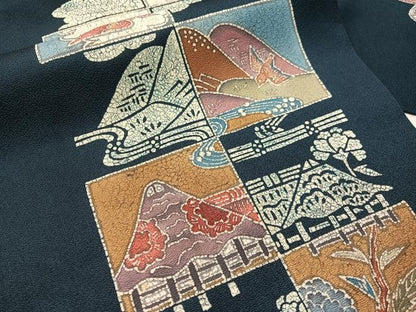平和屋着物●九寸名古屋帯　作家物　一珍染　市松花鳥文　正絹　逸品　CABH4724vp