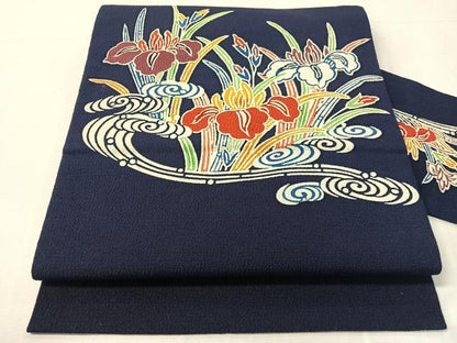 平和屋着物●九寸名古屋帯　型染め　流水杜若　鬼しぼ縮緬　正絹　逸品　CABH4731vp