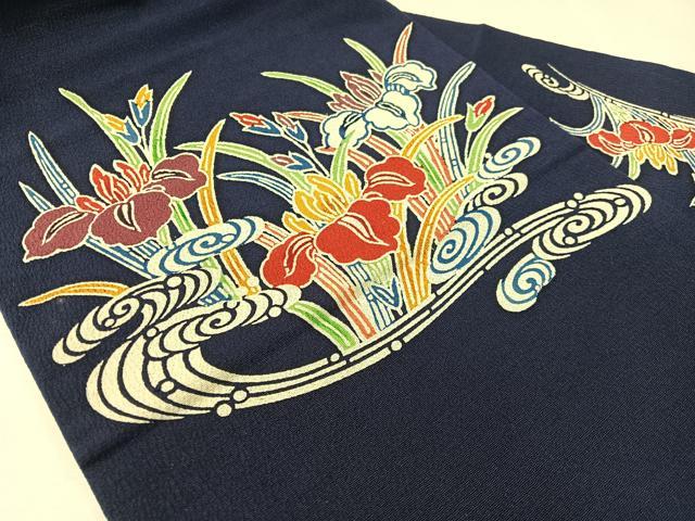 平和屋着物●九寸名古屋帯　型染め　流水杜若　鬼しぼ縮緬　正絹　逸品　CABH4731vp