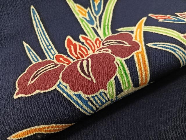 平和屋着物●九寸名古屋帯　型染め　流水杜若　鬼しぼ縮緬　正絹　逸品　CABH4731vp