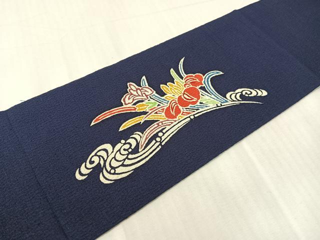 平和屋着物●九寸名古屋帯　型染め　流水杜若　鬼しぼ縮緬　正絹　逸品　CABH4731vp