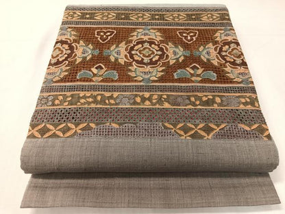 平和屋着物●中国三大刺繍　スワトウ相良刺繍　総刺繍　太鼓柄袋帯　紬地　横段花文　正絹　逸品　CABH4744vp