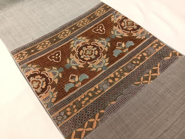 平和屋着物●中国三大刺繍　スワトウ相良刺繍　総刺繍　太鼓柄袋帯　紬地　横段花文　正絹　逸品　CABH4744vp