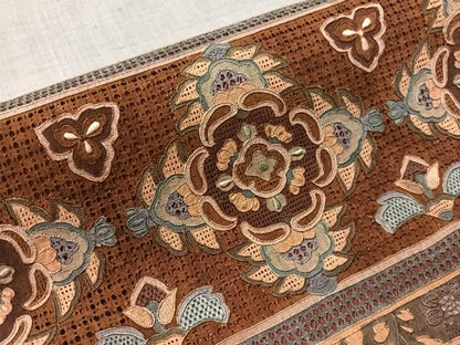 平和屋着物●中国三大刺繍　スワトウ相良刺繍　総刺繍　太鼓柄袋帯　紬地　横段花文　正絹　逸品　CABH4744vp