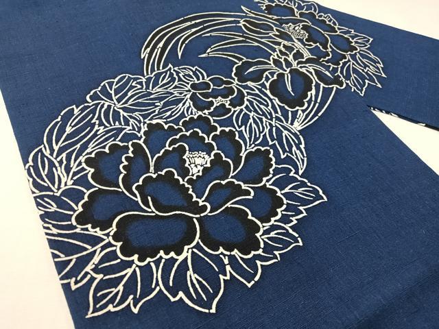 平和屋着物●九寸名古屋帯　紬地　藍　型染め　花丸文　正絹　逸品　CABH4747vp