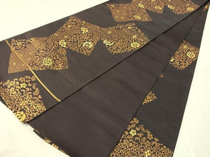 平和屋着物●全通柄　本袋帯　更紗色紙文　金糸　正絹　逸品　CABH4757vp