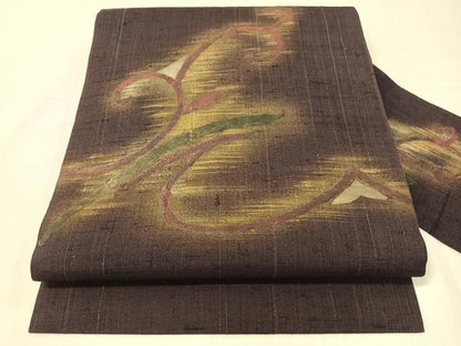 平和屋着物●九寸名古屋帯　紬地　和紙　唐草文　金彩　正絹　逸品　CABH4759vp