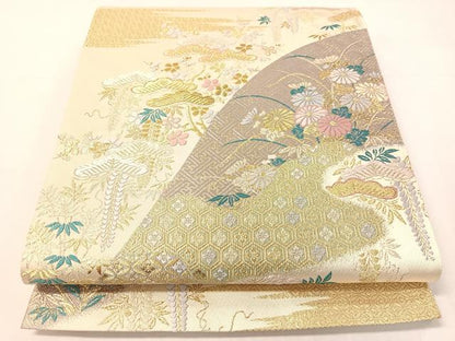 平和屋着物●六通柄袋帯　唐織　霞吉祥花文　金糸　正絹　逸品　未使用　CABH4764vp